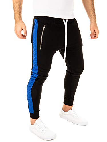PITTMAN Pista Retro Pantalón De Deporte Hombre Stripe Slim Mezcla Chandals Corredores Azabache Cyan Celeste, Negro/Azul (1603), S