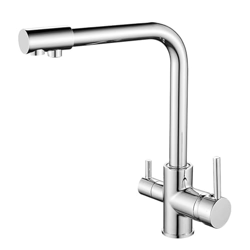lsxlkha Grifos Cocina Fregadero, Grifo Osmosis 3 Vías con 2 Salidas, Grifo de Cocina para Agua Potable con Palanca Doble, Giratorio de 360° (Silver)