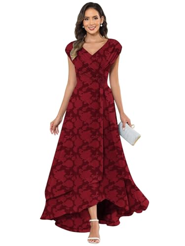Cap Sleeves Mother of The Bride Dresses for Women V Neck Lace Applique Pleated Floral Print Chiffon Formal Wedding Guest Gown