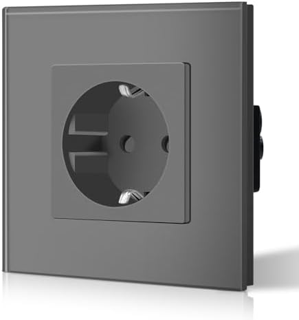 BSEED Schuko Normal Steckdose 1 Fach EU-Standard Einzel Unterputz Wandste mit Erdungskabel Einfache Installationckdose Kristall Glas Platte 16Amp 250V 86mm Grau