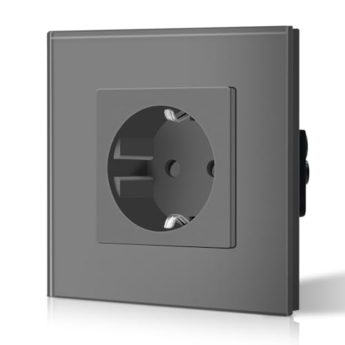 BSEED Schuko Normal Steckdose 1 Fach EU-Standard Einzel Unterputz Wandste mit Erdungskabel Einfache Installationckdose Kristall Glas Platte 16Amp 250V 86mm Grau
