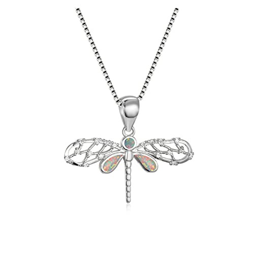 BMINO Cute Female Blue White Opal Pendant Necklace Gold Silver Color Necklaces For Women Vintage Animal Dragonfly Wedding Necklace women's necklace (Length : 40cm, Metal Color : Silver White)