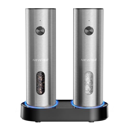 Newise Electric Salt and Pepper Grinder Set - Charging Base, Automatic Rechargeable Pepper Mill with Adjustable Coarseness, LED Lights, Large Capacity, Kitchen Appliance for Mom Wife