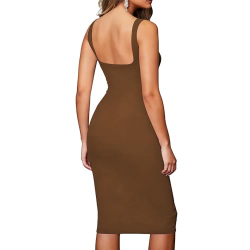Image of TOPSRANI Women Sexy Midi Dress Bodycon Casual Sleeveless Basic Ruched Tank Summer Club Party Dresses