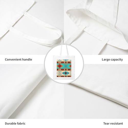 Aztec Beige Blue Eco Canvas Tote Bag With Iron-On Art - Reusable Poly-Cotton Carryall, Ideal For Gifts, Advertising, Groceries & Outings4