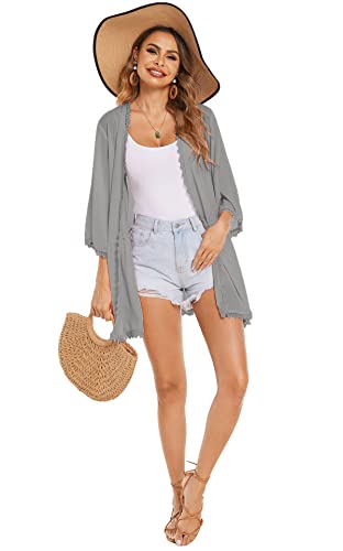 Elesol Womens Cardigan Summer Lace Swimsuit Coverup Open Front 3/4 Sleeve Plus Size Beach Kimono,Grey,Xl #TOP3