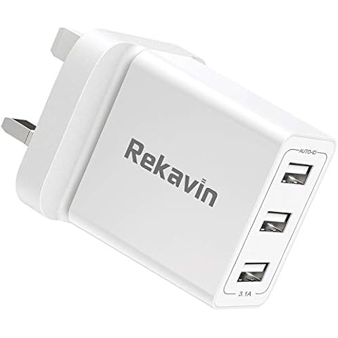 USB Plug UK Mains Charger,Rekavin 3 Port Multi USB Wall Plug Adapter UK Triple Way 3 Pin USB Wall Plug with Smart IC Fast Charging,Charge for iPhone 11 10 XS Max XR X 8 7,Samsung S10 S9,Huawei,iPad Cover