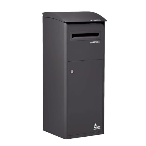 SMART PARCEL BOX Extra Large Parcel Box Outdoor, Weatherproof Black Delivery Box Slanted Top With Secure Front Access, Durable Galvanised Steel, Lockable For Post, Multiple Letters & Package Drop