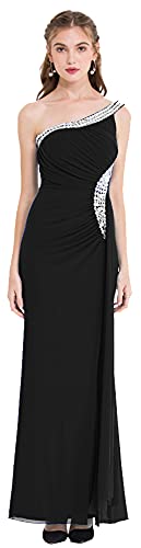 Angel-fashions Women's One Shoulder Ruching Beading Ribbon Soft Evening Gown (L, Black)