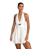 RONICY Women's Jumpsuits Halter Dress Sexy Romper Short Skirts Summer Vacation Outfits V Neck Flowy Loose Fit Beach Casual (White,Medium)