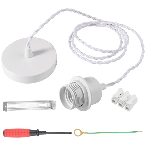 LbsAMP Lampada a Sospensione E27 con Cacciavite Portalampada E27 in Metallo 150cm Cavo Doppia Linea Lampada Cucina Soffitto a Sospensione per Plafoniera Lampada a Sospensione Soggiorno - Bianco