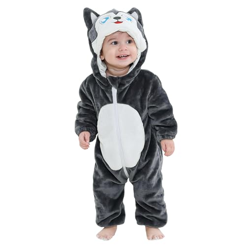 Monstoyo - Monstoyo Grenouillère Hiver Bébé, Combinaison Pyjama Flanelle Animaux Licorne Dinosaure, Combi Pilote à Capuche, Cute Enfant Garçon Fille Husky Gris 90(12-18 Mois) - -15%
