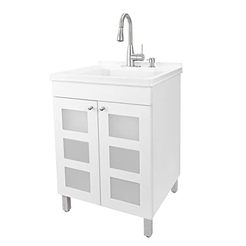 White Utility Sink In White Vanity, Stainless Steel Pull-Down Sprayer Faucet, Soap Dispenser And Spacious Cabinet By Js Jackson Supplies For Garage, Basement, Shop And Laundry Room #TOP18