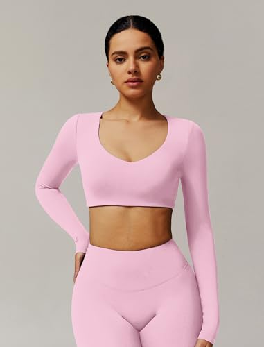 Image of ABOCIW Women Square Neck Long Sleeve Workout Crop Top Low Medium Impact Athletic Yoga Gym Shirts with Built in Bra(ONLY TOP)