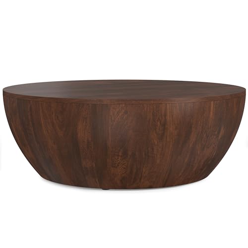 SIMPLIHOME Elmbrook Coffee Table - 34 inch Wide Solid Mango Wood Modern Industrial Round Drum Cocktail Table in Walnut Brown, Sculptural Living Room Table with Low Profile Design, Assembled