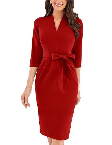 GRACE KARIN Damen Figurbetontes Midikleid mit Schlitz und abnehmbarem Gürtel Rot M