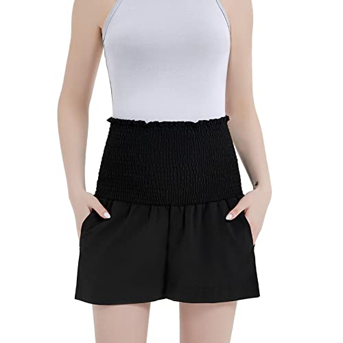 MOMOOD Schwangerschafts-Shorts, Sommer, gesmokt, Taille, Schwangerschaft, Shorts, Sommer, Lounge, Hose mit Seitentaschen, Schwarz, Klein Cover