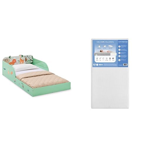 Delta Children Safari Wood Floor Toddler Bed with Reusable Stickers, Green + Sweet Beginnings Dual Sided Baby Crib and Toddler Mattress (Bundle)