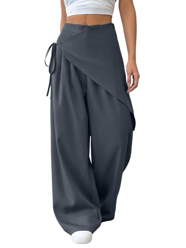 Verdusa Womens Bow Tie Wide Leg Wrap Dress Pants Flowy Work Palazzo Pants Elegant Business Casual Outfits Slacks Grey X-Large