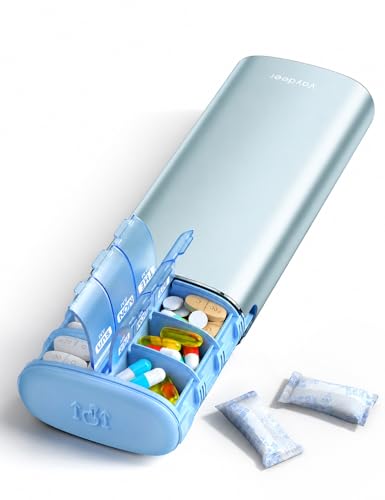 Image of Vaydeer Metal 7 Day Pill Organizer 2 Times a Day - AM PM Weekly Travel Pill Case with Moisture-Proof Desiccant, Airtight Large Capacity Pill Box for Vitamins, Medications & Supplements (Blue)