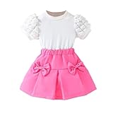 Girls Summer 2-Piece Suits Bubble Short Sleeve Tops Bow Pleated Elastic Waist Skirt Outfits Kids Casual Fashion Clothes(Hot Pink, 5 Years)