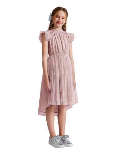 Quedoris Girls Tulle Dress Elastic Neck and Waist Three Layers Ruffle Sleeve Cocktail High Low Party Casual Dress3