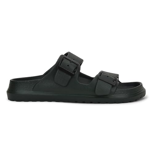 Image of Liberty A-HA COMMIT Slippers for Men - Black, Light Grey & Olive Green | Casual Slip-on Flats /Slippers Footwear - Buckle Closure | Casual Outdoor Chappal, Monsoon, Rainy Season Footwear for Man