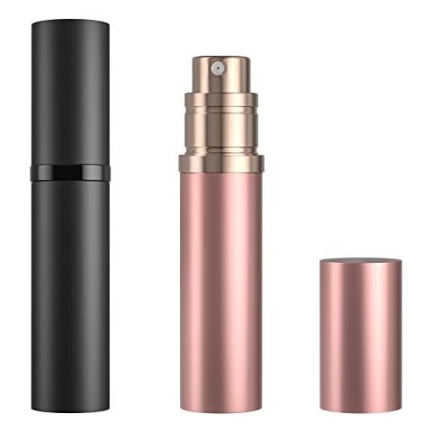 Refillable Perfume Bottle Atomizer for Travel,Portable Easy Refillable Perfume Spray Pump Empty Bottle for men and women with 5ml Mini Pocket Size (Black+Rose Gold) Cover