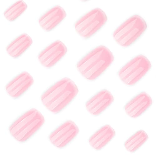 Image of Soft Pink Press on Nails Short Square Fake Nails Reusable Glossy Full Cover Nail Press ons Pink Ombre Stick on Nail for Women Manicure 24Pcs