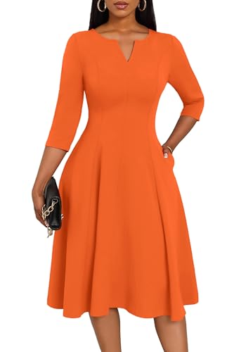 Image of Nmoder Midi Dresses for Women A-Line Fit and Flare Dress 3 /4 Sleeve V Neck Cocktail Wedding Guest Work Dress with Pockets