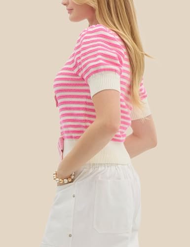 Image of InterNos Womens Bow Front Short Sleeves Sweater Classic Striped V Neck Cropped Knit Pullover Tops