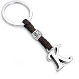 ASTER ALHELÍ - Llavero de Cuero con Iniciales Personalizado - Letras y abalorios de zamak Chapado en Plata - Llavero para Hombre o Mujer - Ideal para Regalo (K)