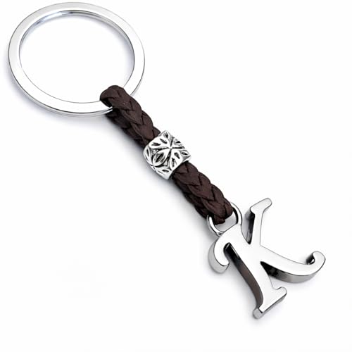 ASTER ALHELÍ - Llavero de Cuero con Iniciales Personalizado - Letras y abalorios de zamak Chapado en Plata - Llavero para Hombre o Mujer - Ideal para Regalo (K)