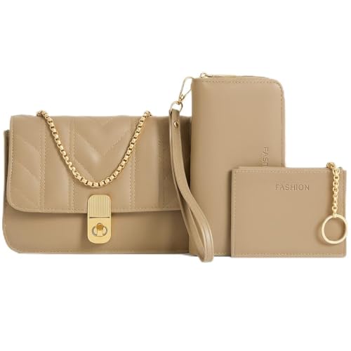 Kit Bolsa feminina 3 em 1, Bolsa Transversal Matelassê com Alça Corrente Dourada, Carteira e Porta-Cartões, Acabamento Premium- Cor Caqui