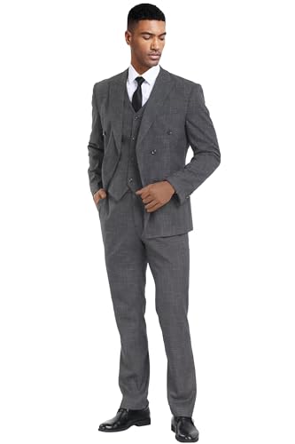 Mens Suits 3 Piece Plaid Slim Fit Tuxedo Double Breasted Prom Dress Suits Men Jackets Blazer Vest and Pants with Tie