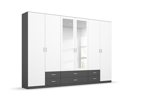 Rauch Möbel Gamma Schrank Drehtürenschrank Kleiderschrank in Grau Metallic-Weiß, Schwarz, Spiegel, 6-türig, 6 Schubladen, mit Zubehörpaket Basic 3 Kleiderstangen, 3 Böden BxHxT 271 x 210 x 54 cm
