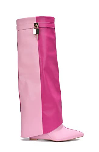 Cape Robbin Women's Wedge Boots Knee High Pull On Pointed Fold Over Wedge Heel Boots