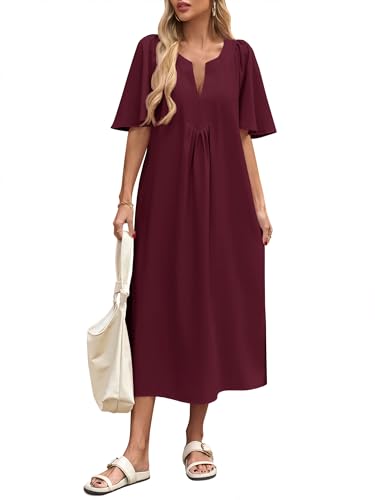 Image of Wenrine Womens Casual Maxi Dress Short Sleeve Loose Flowy Summer Dresses | flutter sleeve, v neck, loose fit, slit, long summer dress, beach, vacation