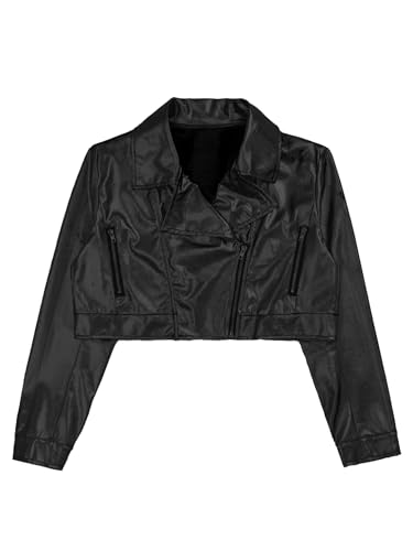 Kids Girls Metallic Motorcycle Jacket Shiny Long Sleeve Outwear PU Motor Biker Crop Coat for Jazz Dance