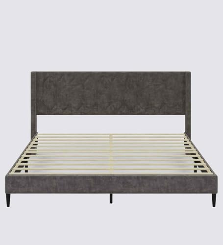 Image of Mintwud Pepperfry Mason Upholstered Queen Size Bed Without Storage | Wooden Double Bed with Tufted Headboard for Bedroom Living Room Home and Hotel (Grey)