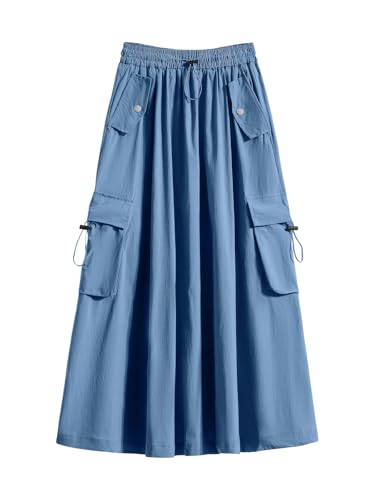 ebossy Women's Vintage Denim Drawstring Elastic Waist Utility Jean Long Cargo Skirts with Multi-Pockets