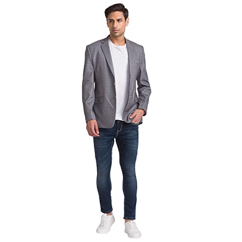 Image of Park Avenue Men's Active Fit Terelyne Spandex Blend Notch Lapel Checks Pattern Full Sleeve Grey Formal Blazer