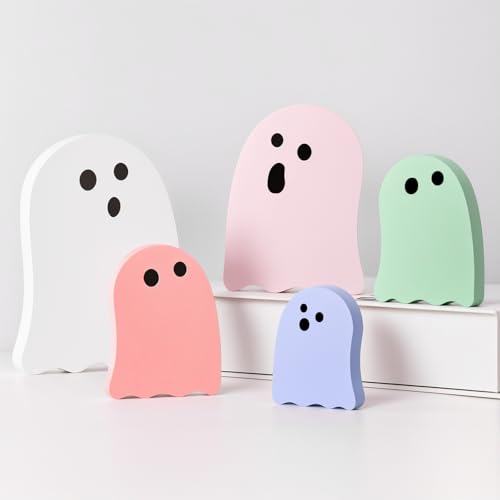 Halloween Table Decorations Indoor: 5ct Halloween Cute Ghost Decorations, Pink White Macaron Colors Ghosts Wood Signs, Pastel Girly Halloween Desk Decor for Mantel Home Office Farmhouse Party Gifts