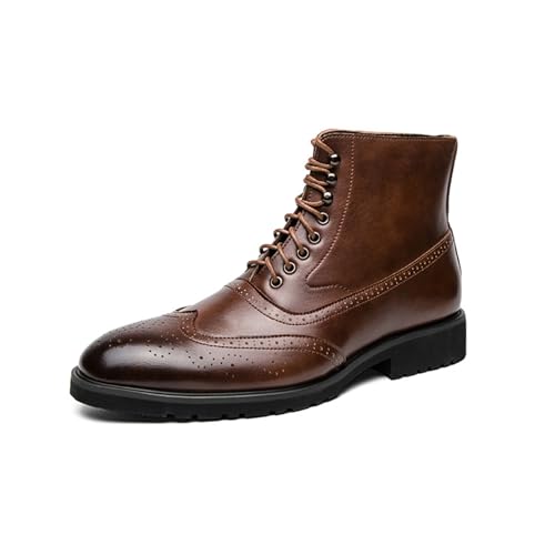ENWIND Botas de Vestir Brogue de Punta de ala para Hombre, Botas de Tobillo Oxford de Cuero de Moda de caña Alta con Cordones,Marrón,45 EU