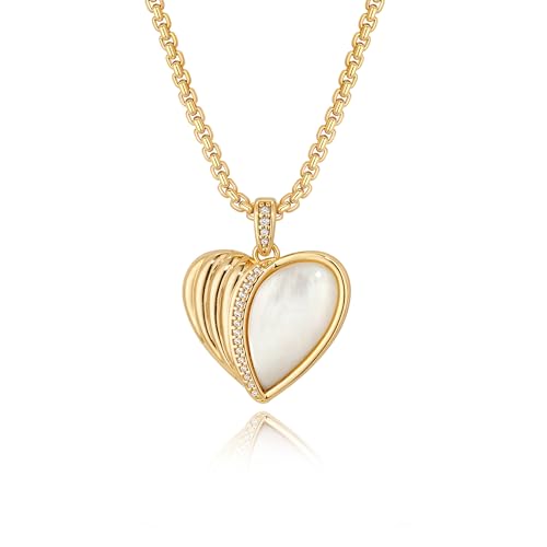 Fettero Dainty MOP Necklaces for Women, 14K Gold Plated Heart Cross Teardrop Pendant Cute Charm Neclace Delicate Pearl Beach Gold Necklace for Women Jewelry Gift
