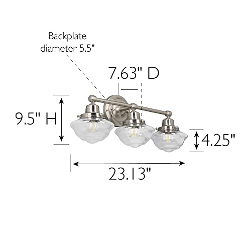 Image of Design House Vintage-Inspired Schoolhouse 3-Light Dimmable Vanity Light, 23.125 in x 7.625 in x 9.5 in, Satin Nickel, Clear Seeded Glass Shades, 589143-SN
