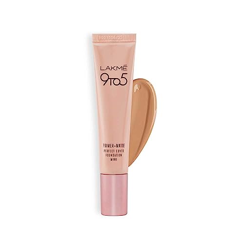 Lakme 9 To 5 Primer + Matte Perfect Cover Liquid Mini Foundation, Full Coverage, Built-In Primer for Poreless, Long Lasting Makeup, Warm Sand, 15 ml