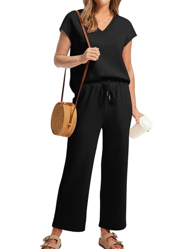 Image of Saloogoe Two Piece Sets for Women Summer Outfits Lounge Sets V Neck Tops Wide Leg Pants Woman Vacation Travel Outfits