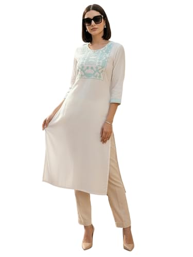 Image of INDO ERA Women's White Viscose Rayon Straight Embroidered Kurta