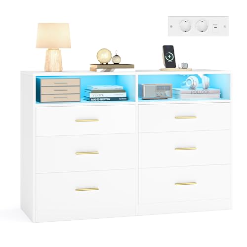 VASAGLE Custos Kollektion - Kommode, Kommodenschrank mit LED-Beleuchtung und Steckdosenleiste, Sideboard, modern, Wohnzimmer, Schlafzimmer, 6 Schubladen, 40 x 119 x 81,2 cm, wolkenweiß LTS316WB01